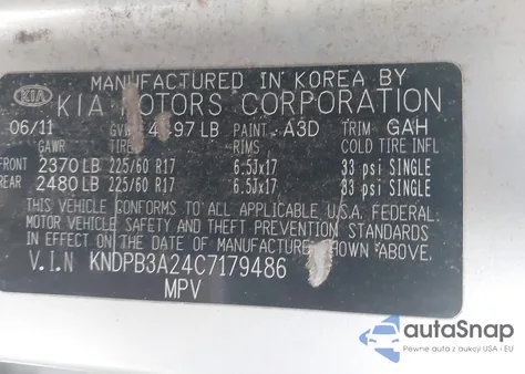 2012 Kia Sportage Lx из США, поврежденный, VIN KNDPB3A24C7179486